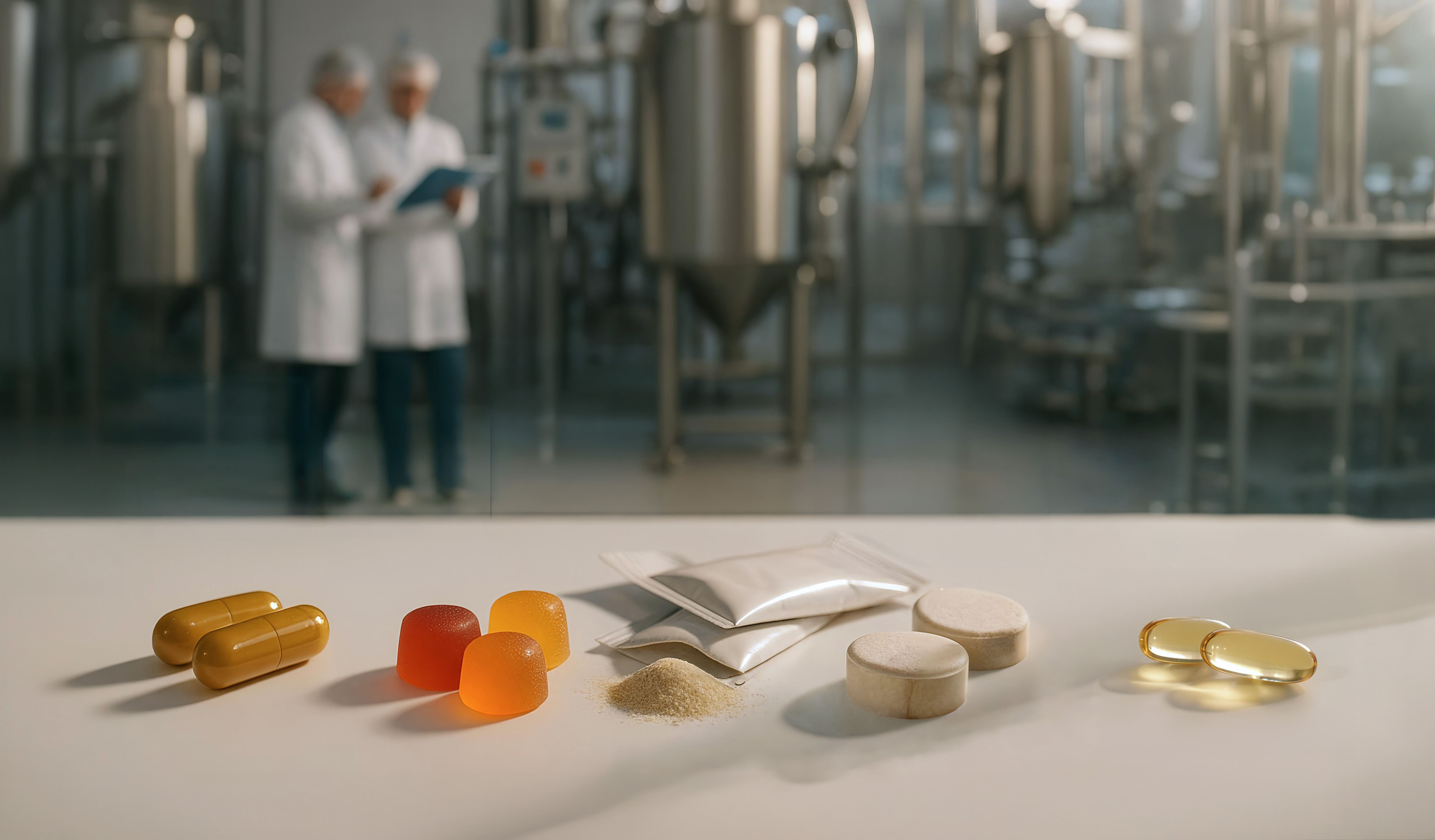 Capsules, gummies, powders, softgels, and tablets produced at the Protrition Labs facility